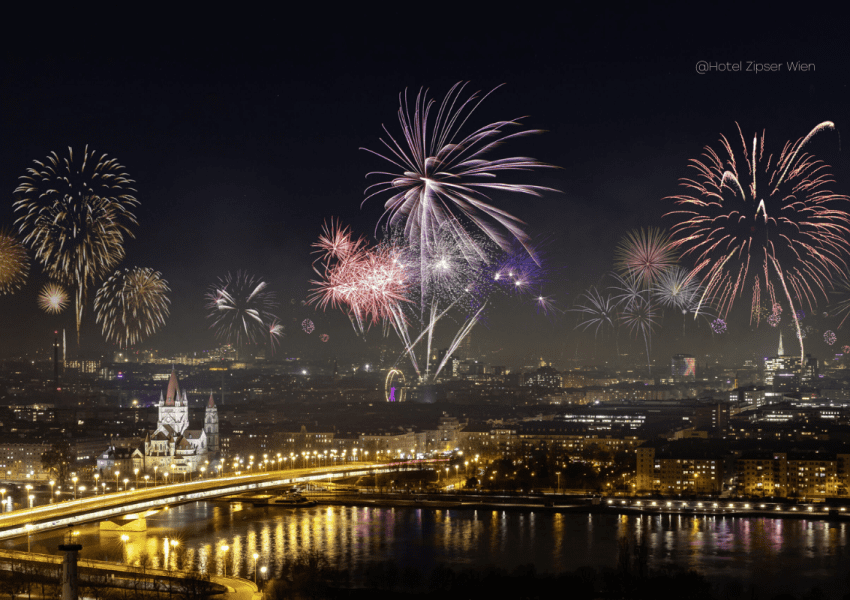 Na slici je prikazan Beč za vrijeme novogodišnjeg vatrometa.