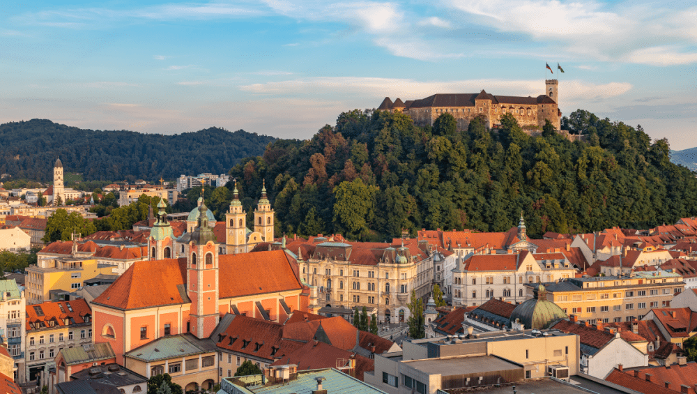 Na slici je prikazan dio starog grada u Ljubljani, dok se u pozadini nalazi Ljubljanski dvorac.