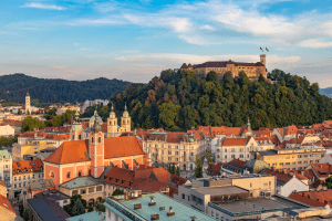 Na slici je prikazan dio starog grada u Ljubljani, dok se u pozadini nalazi Ljubljanski dvorac.
