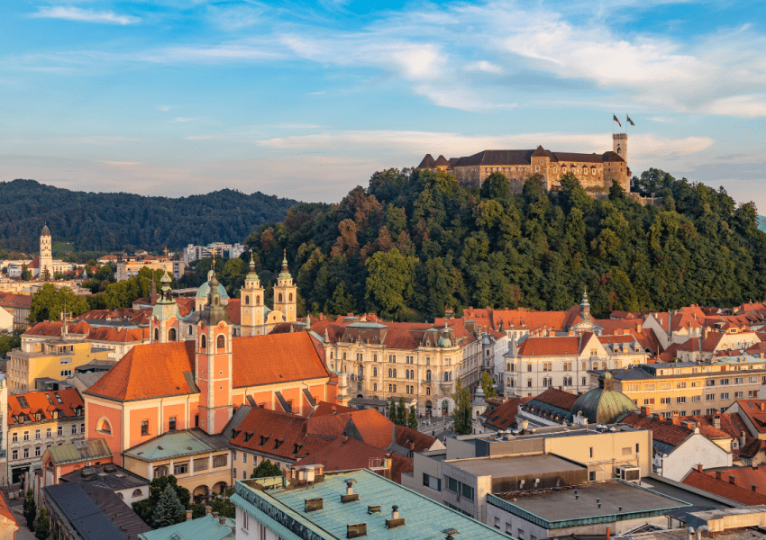 Na slici je prikazan dio starog grada u Ljubljani, dok se u pozadini nalazi Ljubljanski dvorac.